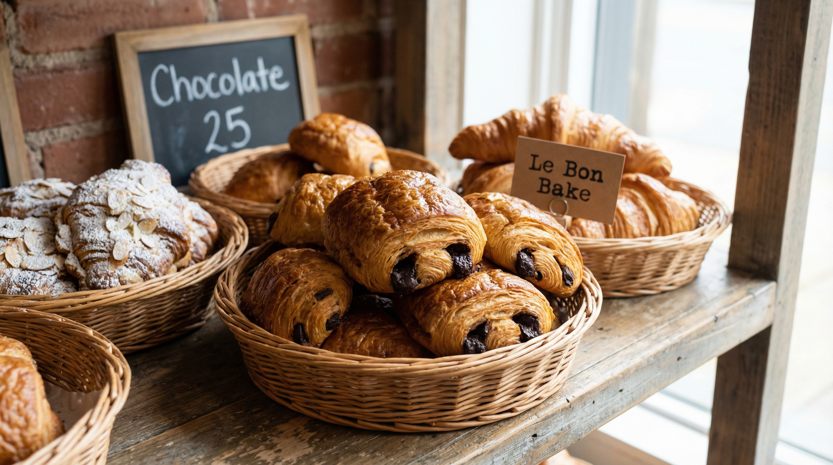 Le Bordeaux Bakery — a display case of expertly crafted French pastries including éclairs, tarts, and golden croissants